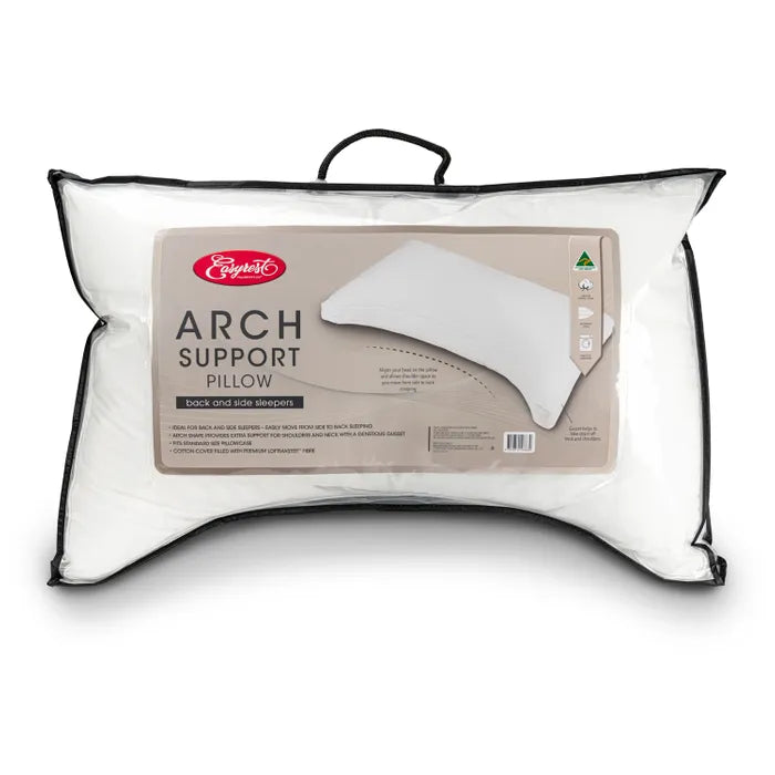 White arch support pillow with a visible brand label on a white background