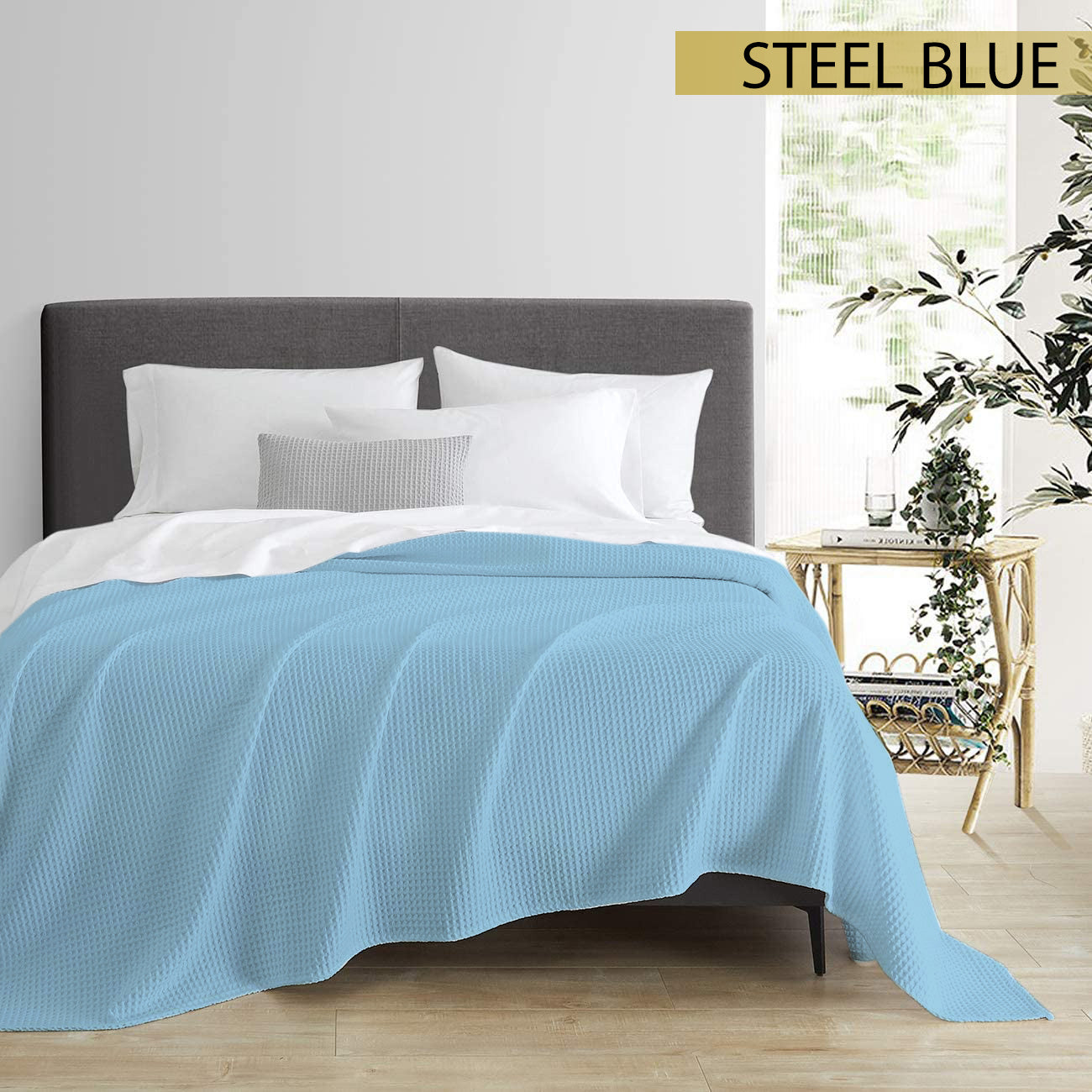 Egyptian Cotton Steel Blue Waffle Blanket